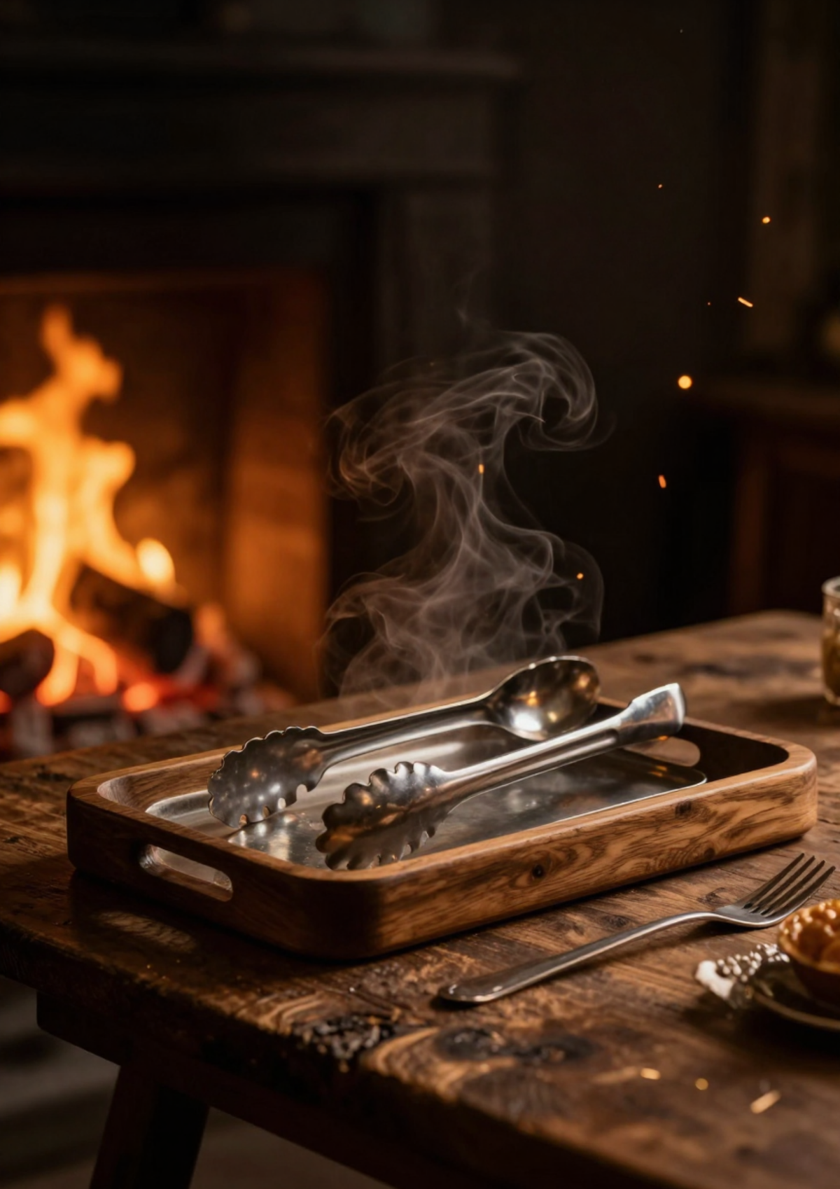 Mesa & Ritual — bandeja e talheres de servir à luz da fogueira