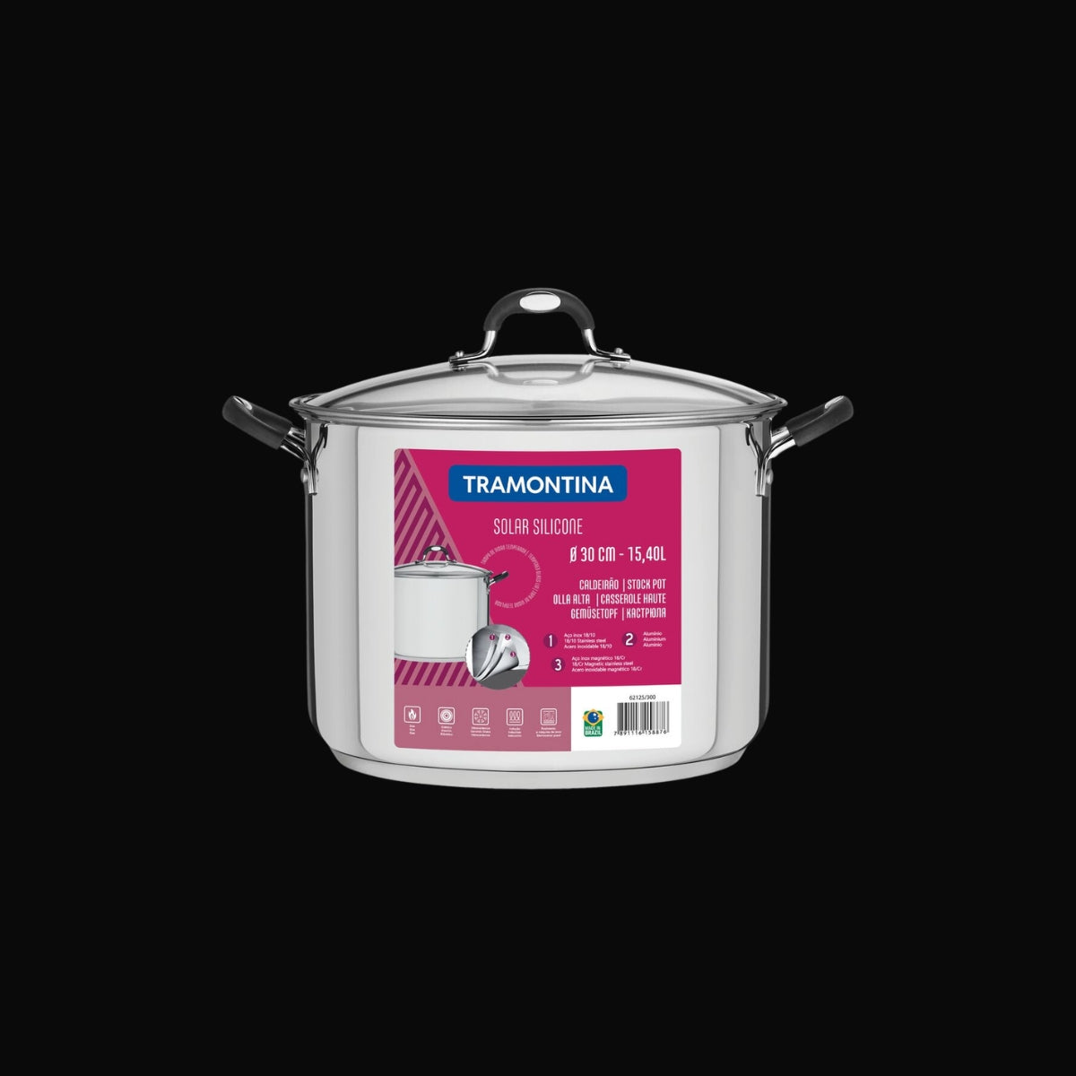 Caldeirão Tramontina Astro Silicone em Aço Inox com Fundo Triplo com Tampa de Vidro 30 cm 15,2 L