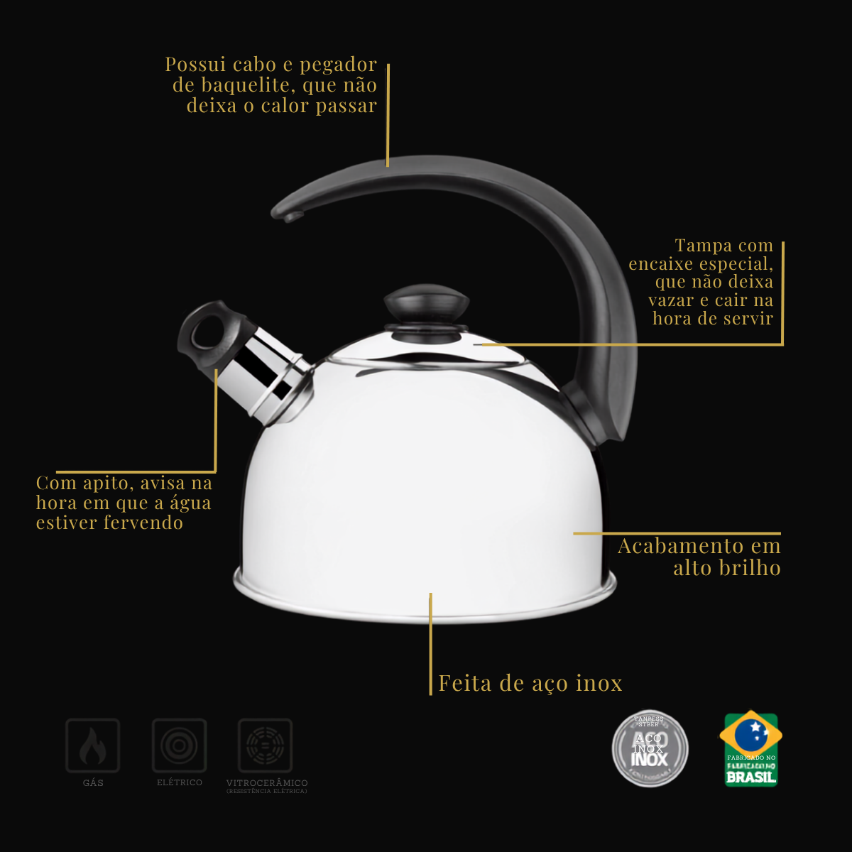 Tramontina Chaleira com Apito Inox Cabo Preto 2,1L