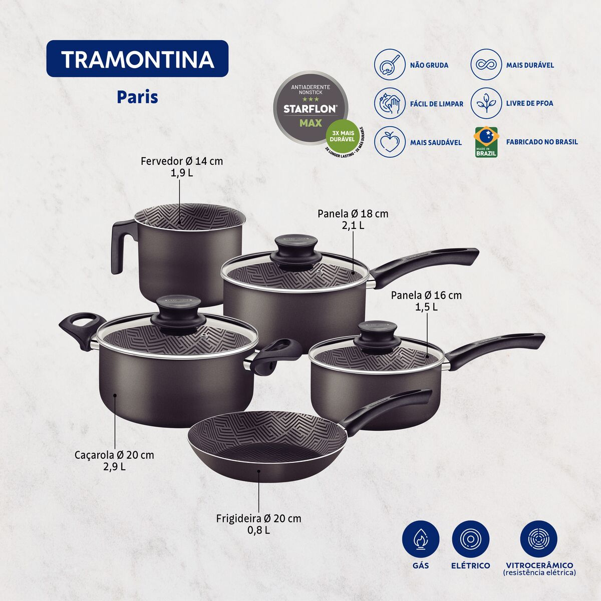 Jogo de Panelas Tramontina Paris 5 Peças Chumbo